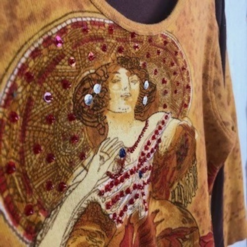 VTG JANE ASHLEY Art Nouveau Graphic Sequin Floral Cotton Top Sz L Brown Mustard - Picture 3 of 7